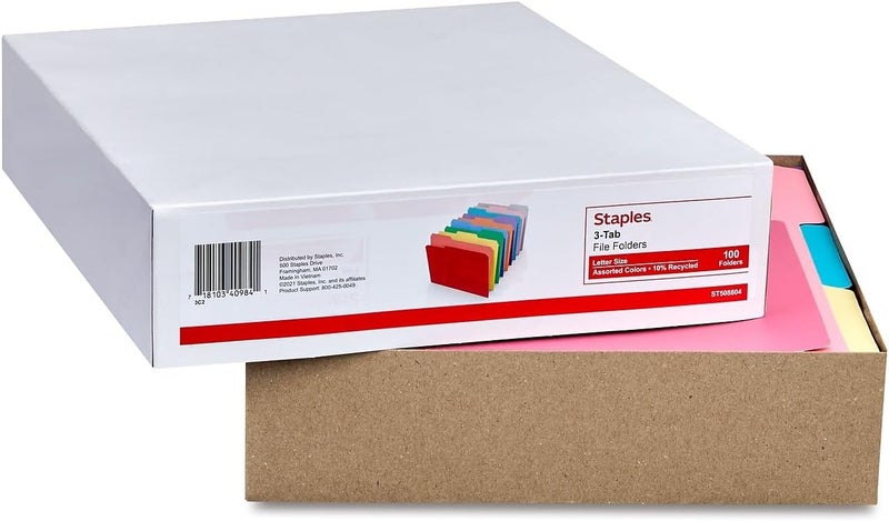 Staples File Folders - Assorted Colors, 1/3-Cut Tabs, Letter Size, Durable 10.5-Point Stock, Pack of 100 - Image 5
