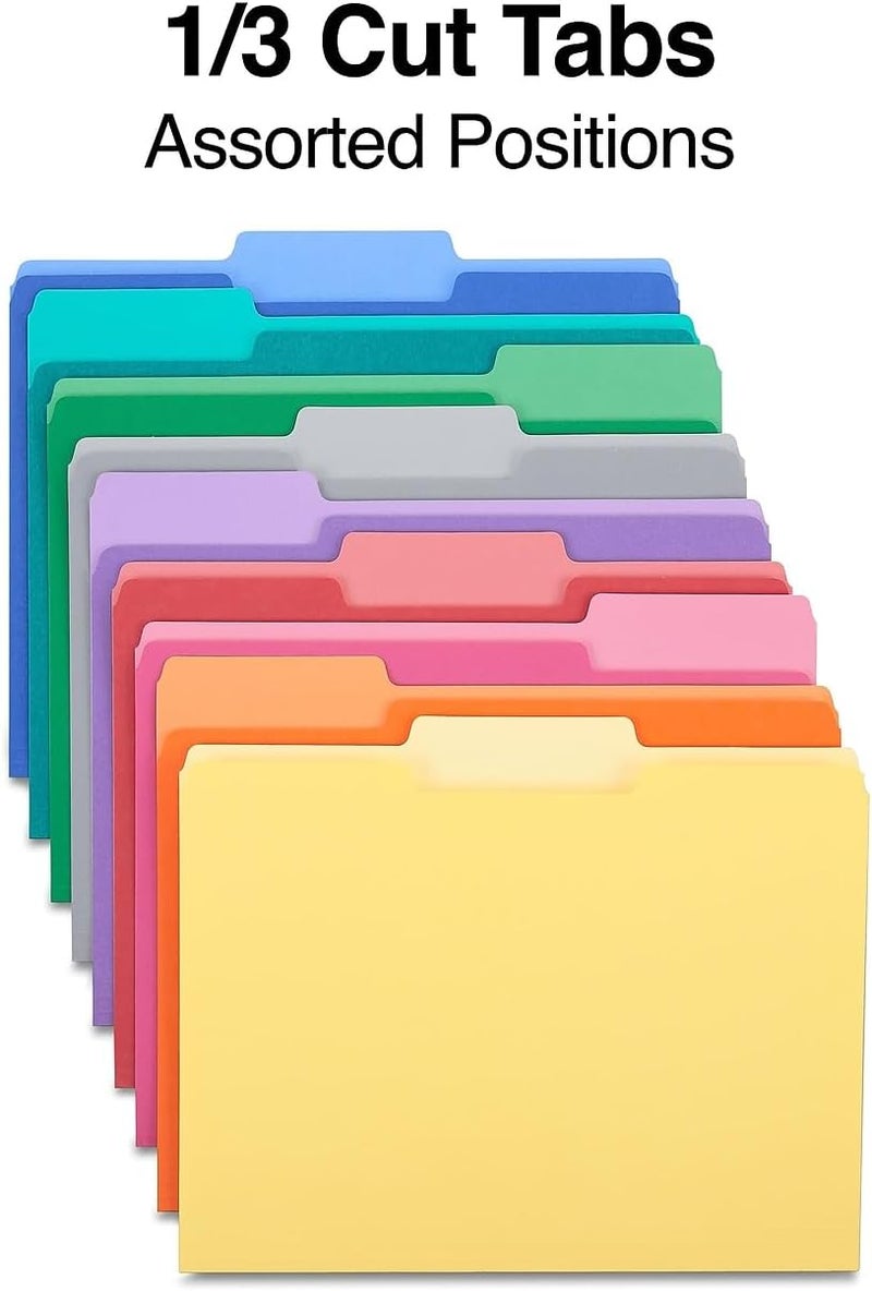 Staples File Folders - Assorted Colors, 1/3-Cut Tabs, Letter Size, Durable 10.5-Point Stock, Pack of 100 - Image 3