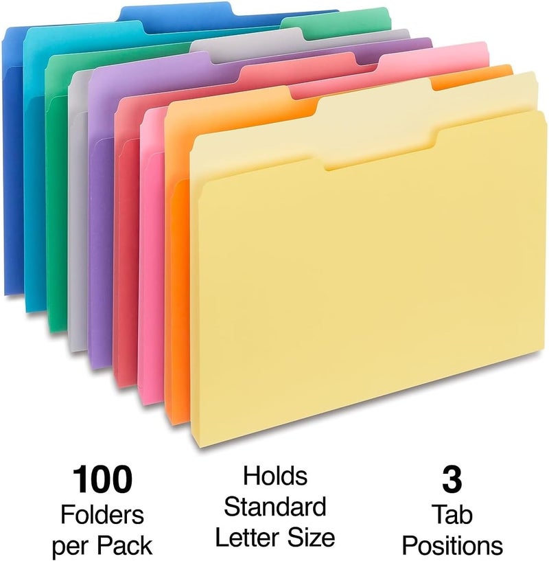 Staples File Folders - Assorted Colors, 1/3-Cut Tabs, Letter Size, Durable 10.5-Point Stock, Pack of 100 - Image 2