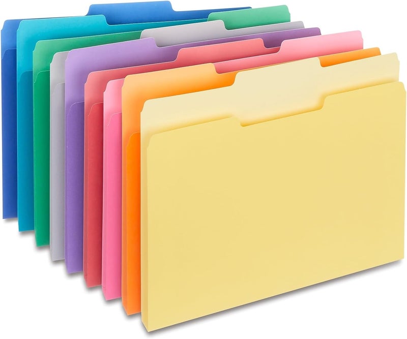 Staples File Folders - Assorted Colors, 1/3-Cut Tabs, Letter Size, Durable 10.5-Point Stock, Pack of 100 - Image 1
