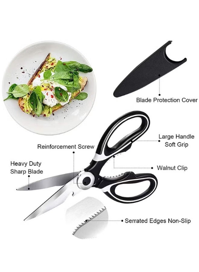 واي جيه 2 قطعة مقص المطبخ ، مقص المطبخ شديد التحمل ، مقص مطبخ متعدد الأغراض من الفولاذ المقاوم للصدأ ، مع غطاء مقص طبخ متعدد الأغراض للحوم دجاج عظام الخضار دواجن أسماك أسود - Image 2