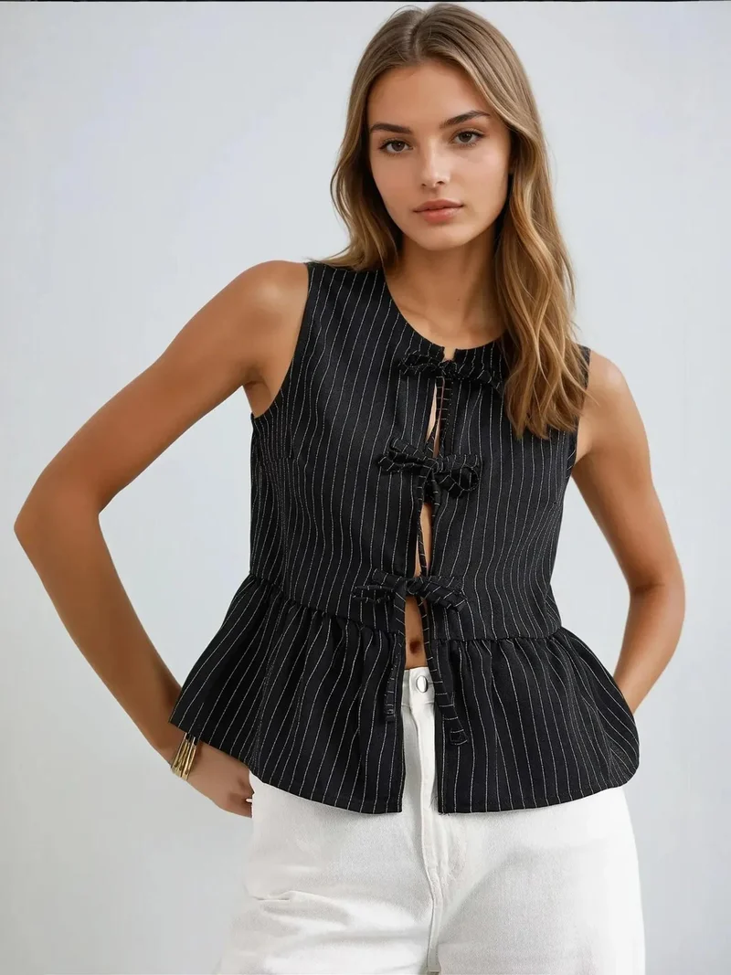 HICCUP Striped Crew Neck Sleeveless Blouse