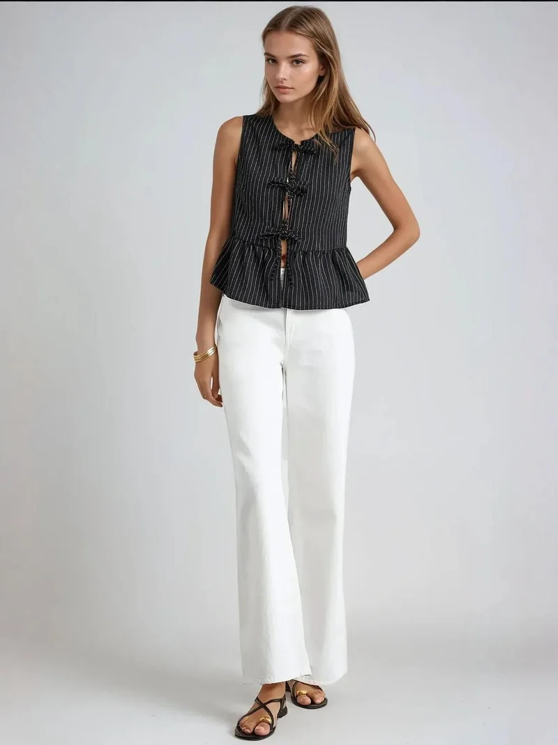 هيكاب بلوزة بدون أكمام بياقة مستديرة مخططة