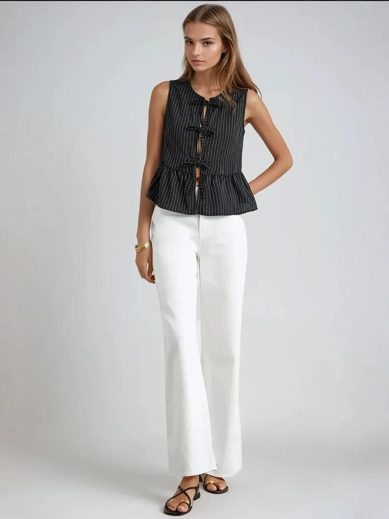 HICCUP Striped Crew Neck Sleeveless Blouse