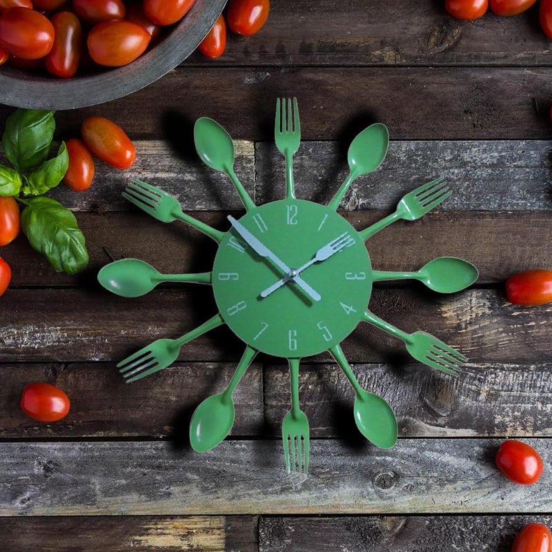 Timelike Kitchen Wall Clock, 3D Removable Modern Creative Cutlery Kitchen Spoon Fork Wall Clock Mirror Wall Decal Wall Sticker Room Home Decoration (Green) - Image 2