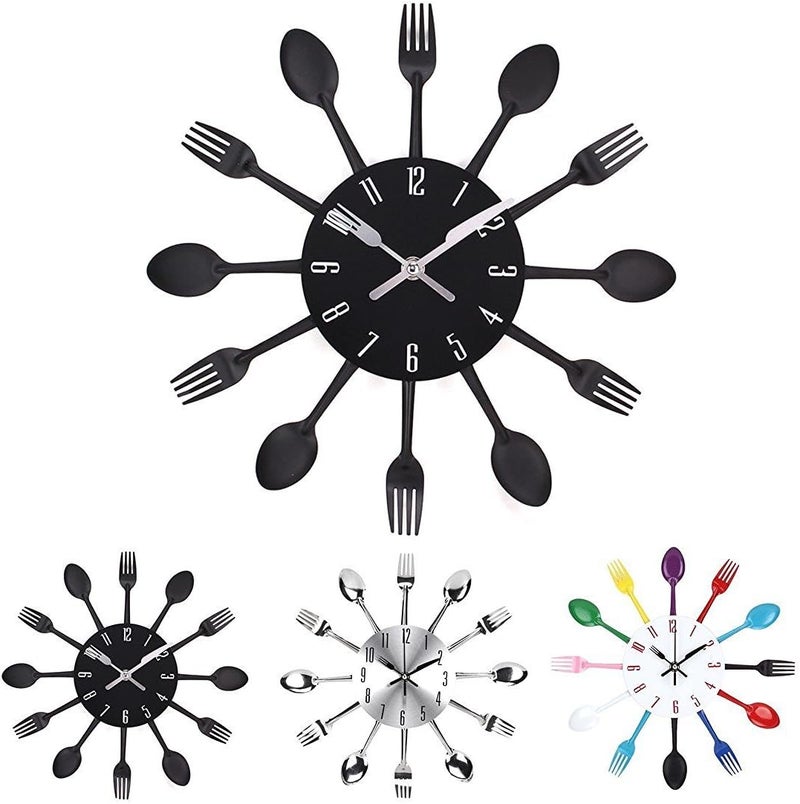Timelike Kitchen Wall Clock, 3D Removable Modern Creative Cutlery Kitchen Spoon Fork Wall Clock Mirror Wall Decal Wall Sticker Room Home Decoration (Green) - Image 1