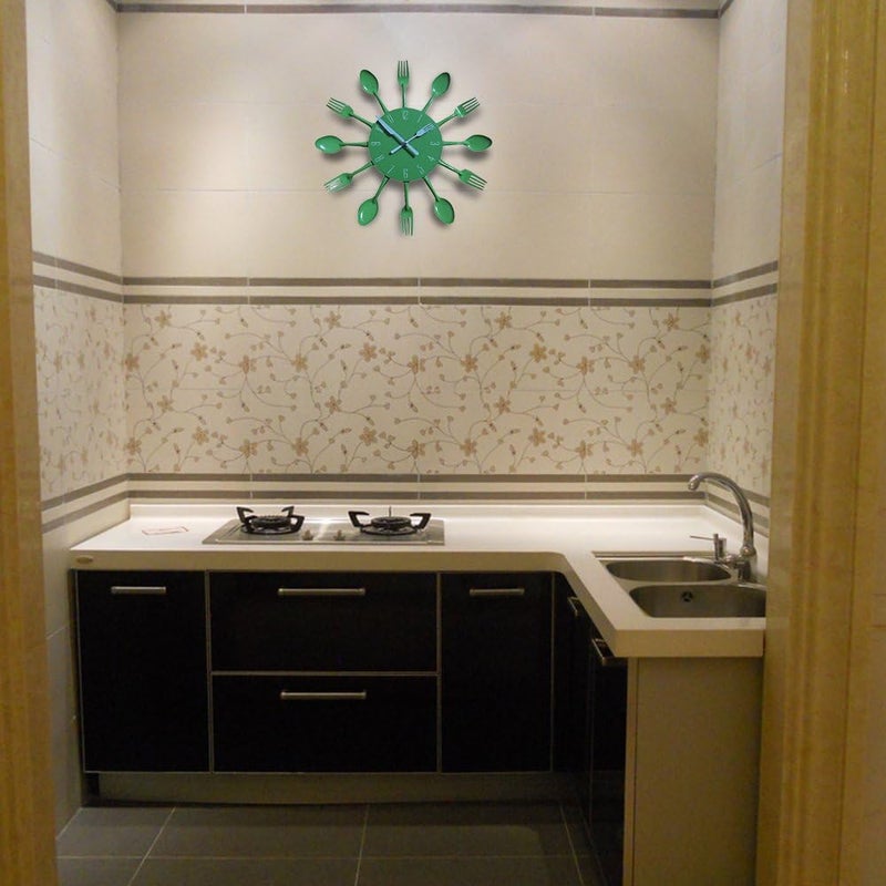 Timelike Kitchen Wall Clock, 3D Removable Modern Creative Cutlery Kitchen Spoon Fork Wall Clock Mirror Wall Decal Wall Sticker Room Home Decoration (Green) - Image 5