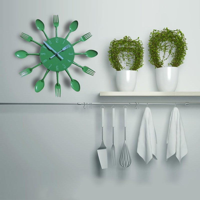 Timelike Kitchen Wall Clock, 3D Removable Modern Creative Cutlery Kitchen Spoon Fork Wall Clock Mirror Wall Decal Wall Sticker Room Home Decoration (Green) - Image 3