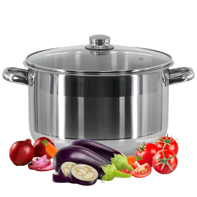 STAINLESS STEEL CASSEROLE STOCKPOT WITH GLASS LID LARGE DEEP INDUCTION BASE COOKING POT FOR GAS ELECTRIC CERAMIC HALOGEN STOVES 32 X 22 CM 175 LTR