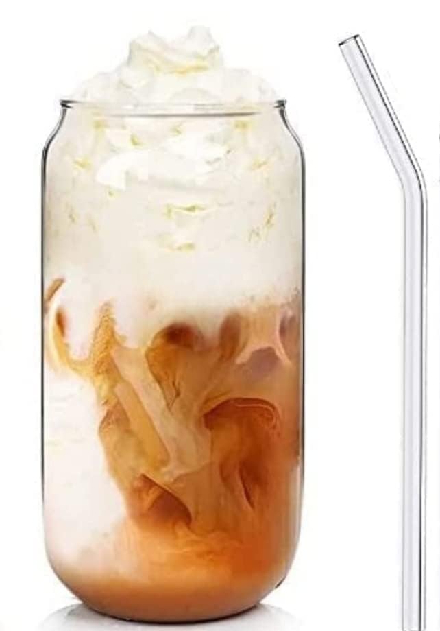 VISMII Drinking Glasses Set of 1 Can Shaped Glass Sake Cups with Straws 540ml Iced Coffee Glasses Iced Tea Glasses Tumbler Cup Cocktail Glasses Soda Clear Water Cup Beer Glasses - Image 3