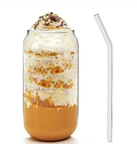 VISMII Drinking Glasses Set of 1 Can Shaped Glass Sake Cups with Straws 540ml Iced Coffee Glasses Iced Tea Glasses Tumbler Cup Cocktail Glasses Soda Clear Water Cup Beer Glasses - Image 1