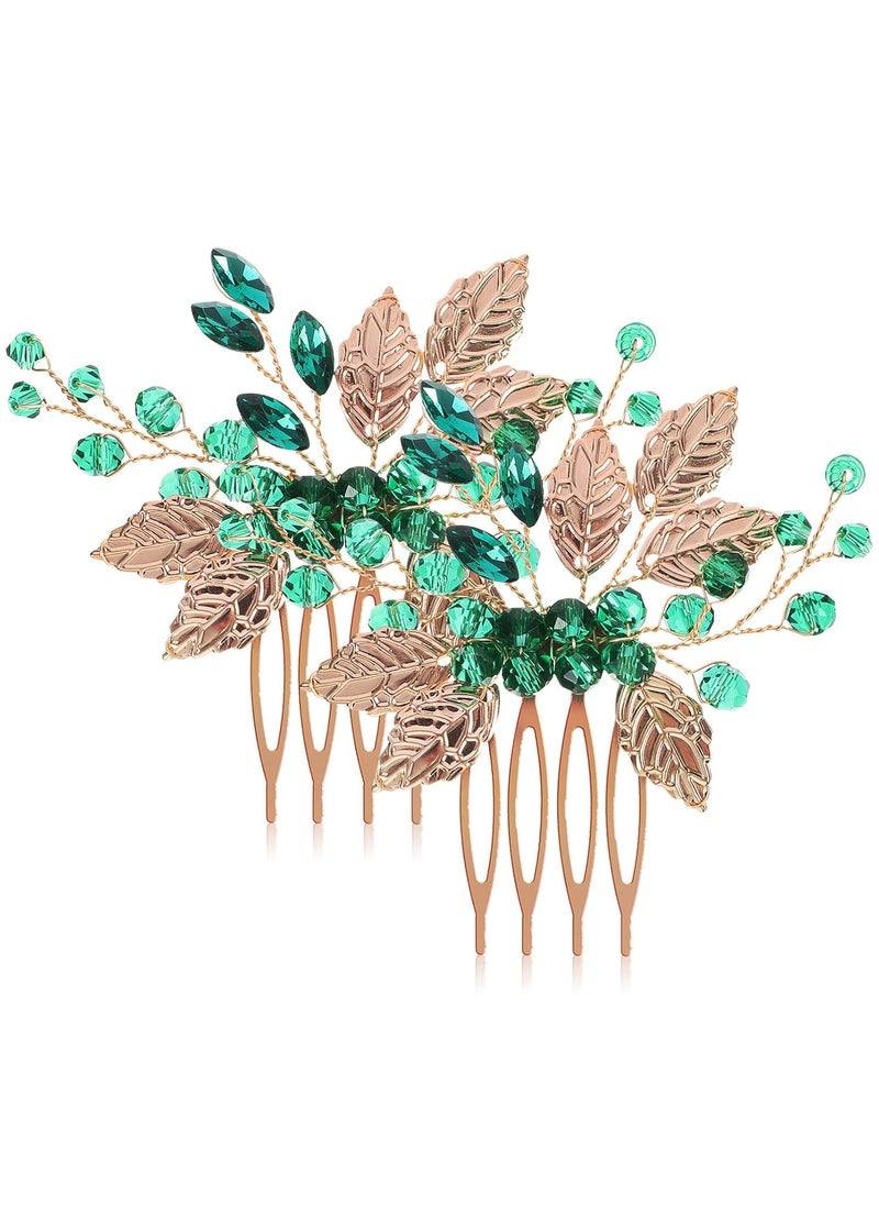 Beaupretty Beaupretty 2Pcs Bridal Hair Pieces Green Crystal Hair Combs Clips Wedding Gold Leaf Vine Headdress Accessories for Women Girls 