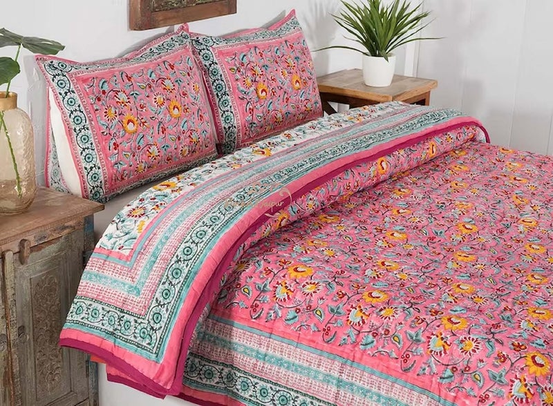 FEELRAX FEELRAX Jaipuri Razai Traditional Pure Cotton Bedding Quilt Beautiful Pink Flower Hand Block Printed Blanket Hand Stitched Summer and Winter Breathable Reversible Quilt King Size 108x108 Inches  - Image 3