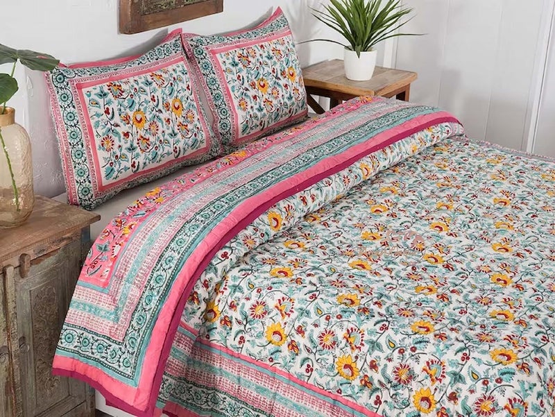 FEELRAX FEELRAX Jaipuri Razai Traditional Pure Cotton Bedding Quilt Beautiful Pink Flower Hand Block Printed Blanket Hand Stitched Summer and Winter Breathable Reversible Quilt King Size 108x108 Inches  - Image 4