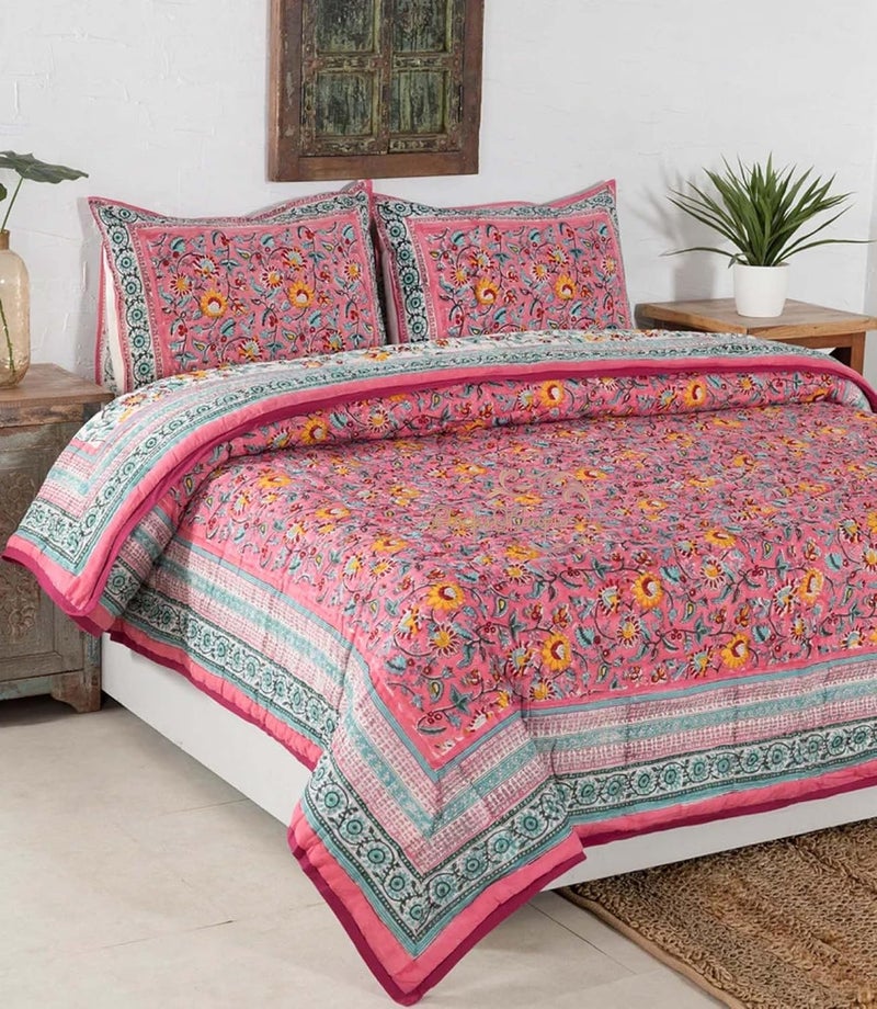 FEELRAX FEELRAX Jaipuri Razai Traditional Pure Cotton Bedding Quilt Beautiful Pink Flower Hand Block Printed Blanket Hand Stitched Summer and Winter Breathable Reversible Quilt King Size 108x108 Inches  - Image 1