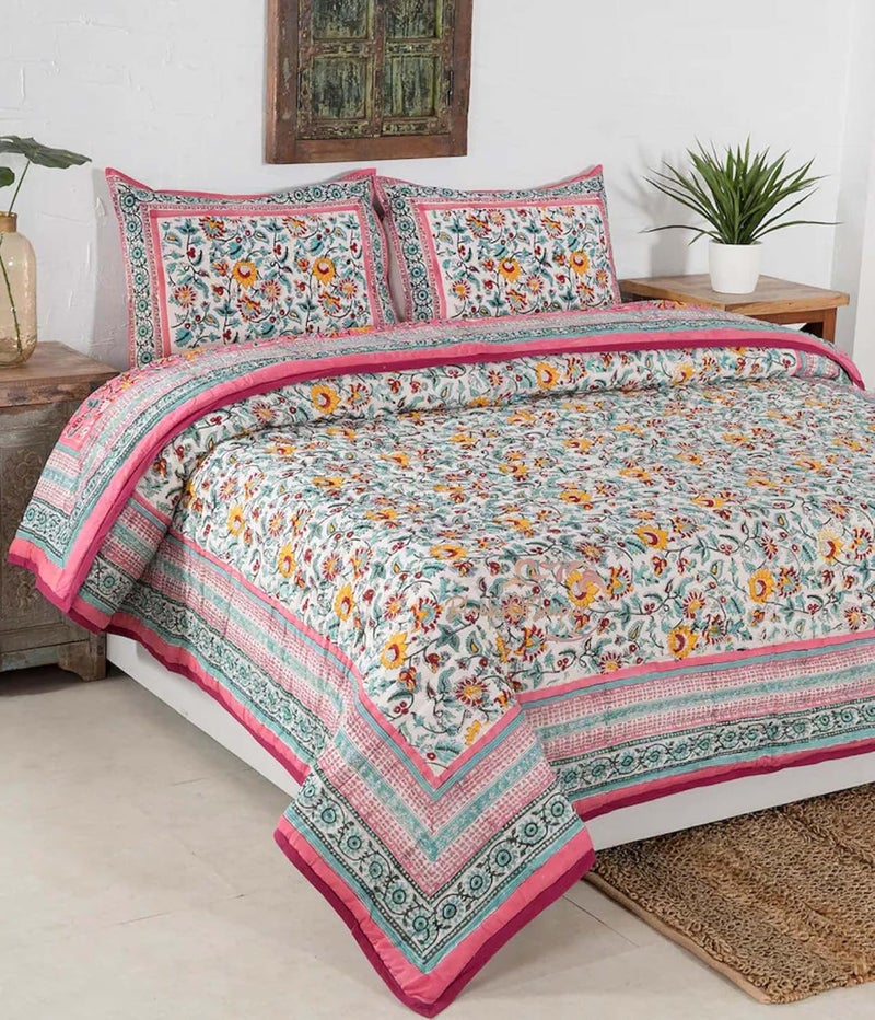 FEELRAX FEELRAX Jaipuri Razai Traditional Pure Cotton Bedding Quilt Beautiful Pink Flower Hand Block Printed Blanket Hand Stitched Summer and Winter Breathable Reversible Quilt King Size 108x108 Inches  - Image 2