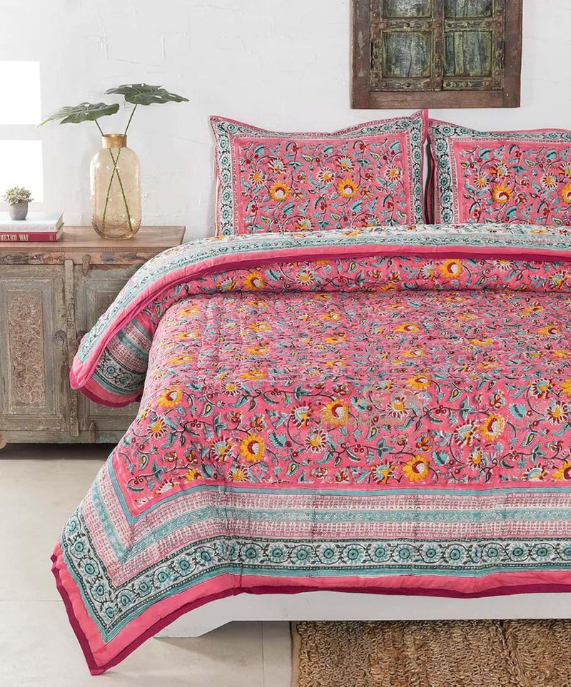 FEELRAX FEELRAX Jaipuri Razai Traditional Pure Cotton Bedding Quilt Beautiful Pink Flower Hand Block Printed Blanket Hand Stitched Summer and Winter Breathable Reversible Quilt King Size 108x108 Inches  - Image 5