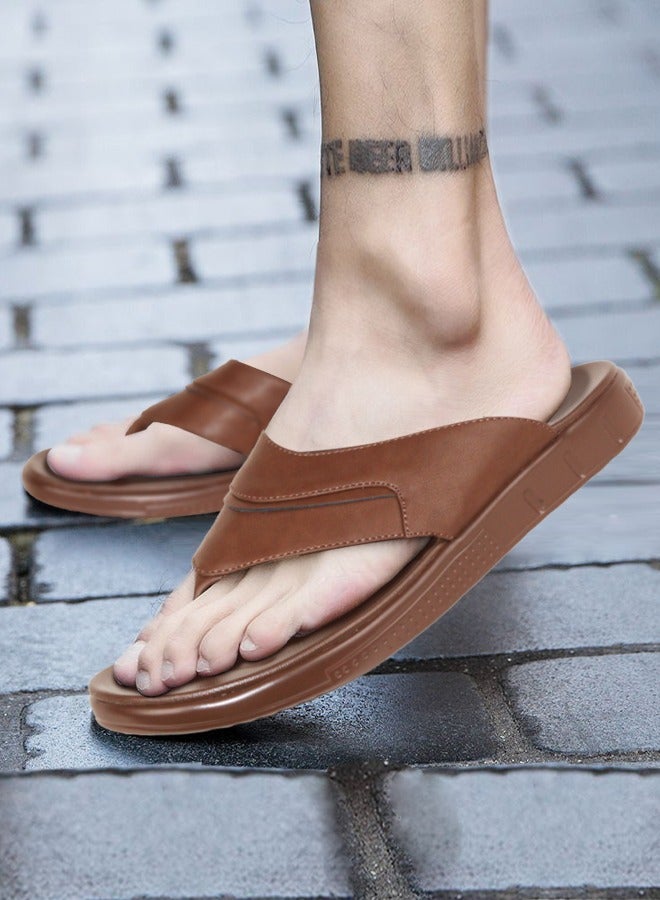 BOTELI Men's Leather Flip Flops Summer Outdoor Non Slip Thick Sole Casual Thong Sandals Brown - Image 1