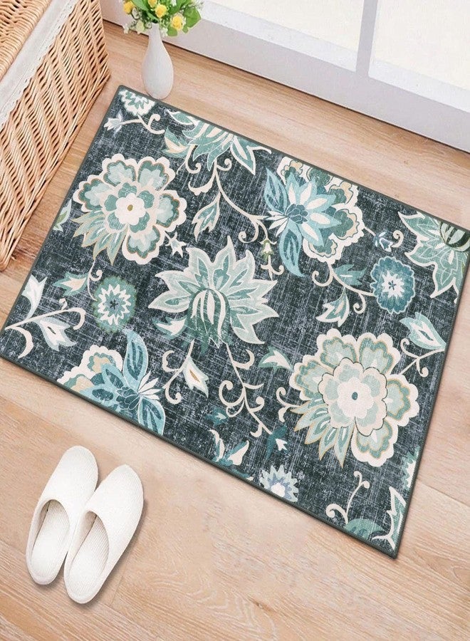 Beeiva Floral Small Entryway Area Rug, 2x3 Blue Washable Kitchen Rug Non Slip Front Door Rug Indoor Entrance, Modern Plant Doormat Non-Shedding Throw Entry Rugs for Inside House Bedroom Bathroom - Image 1