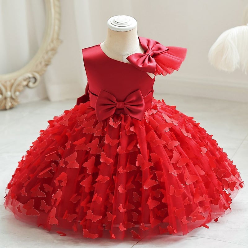 New girls solid color princess year-old bow puffy dinner performance dress year-old catch week dress wholesale Red