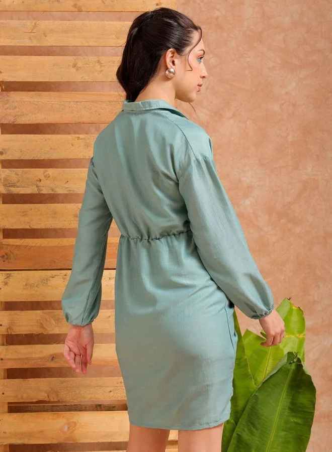 Freehand  Women Regular Fit Solid Shirt Collar Long Sleeve Ruched Dress for Women | Best Price UAE