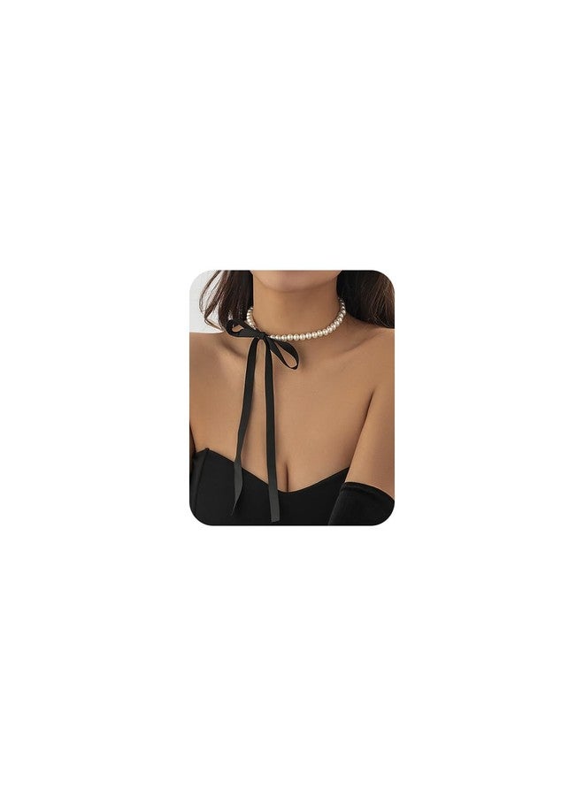 RECTYO GALLERY 1 Pcs Premium Boho Pearl Bow Choker Necklace Black Long Ribbon Bow Collarbone Chain Vintage Pearl Beaded Choker Necklace Birthday Party Jewelry for Women - Image 1