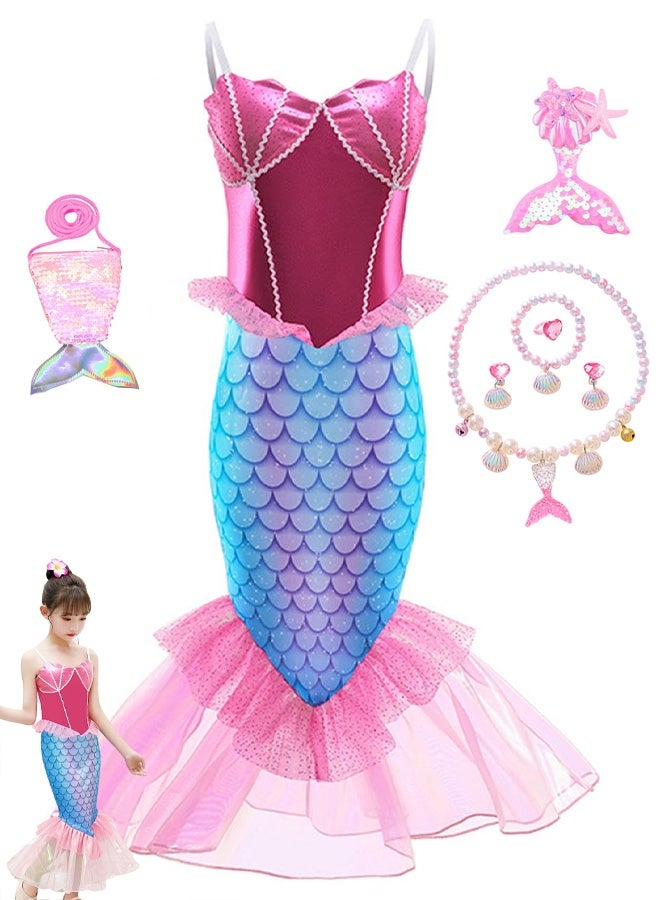 TAPIT Mermaid Princess Costume for Girls Kids Party Dress Up with Accessories Pendant Earrings Hair Clips Handbag Halloween Christmas Birthday Cosplay Outfit Mermaid Dress - Image 1