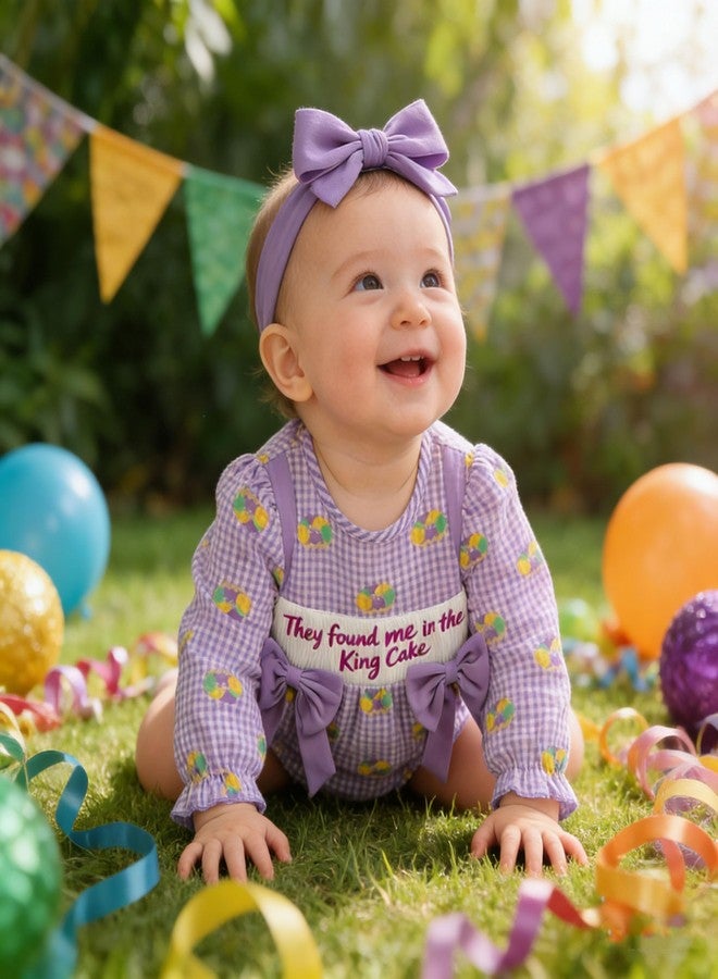 Lenjindjer Baby Girl Mardi Gras Outfit Embroidered Long Sleeve Smocked Bubble Romper Headband Newborn Spring Carnival Clothes (Purple, 6-12 Months) - Image 4
