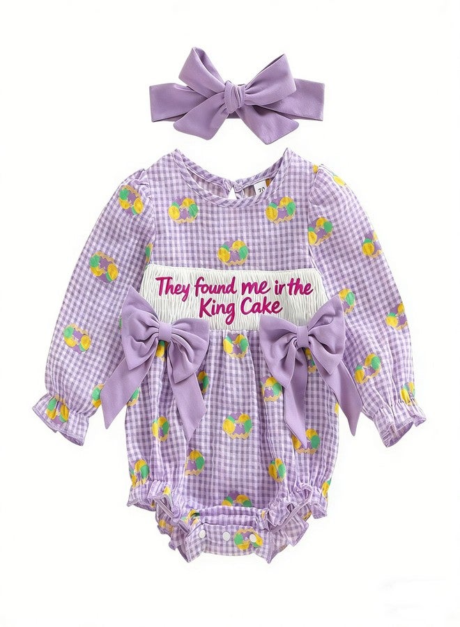 Lenjindjer Baby Girl Mardi Gras Outfit Embroidered Long Sleeve Smocked Bubble Romper Headband Newborn Spring Carnival Clothes (Purple, 6-12 Months) - Image 1