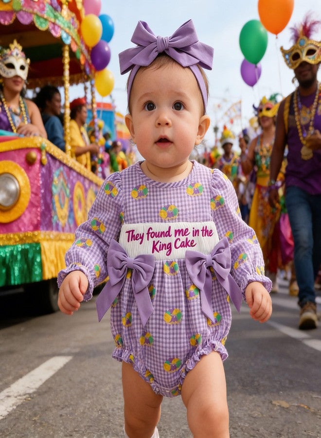 Lenjindjer Baby Girl Mardi Gras Outfit Embroidered Long Sleeve Smocked Bubble Romper Headband Newborn Spring Carnival Clothes (Purple, 6-12 Months) - Image 2