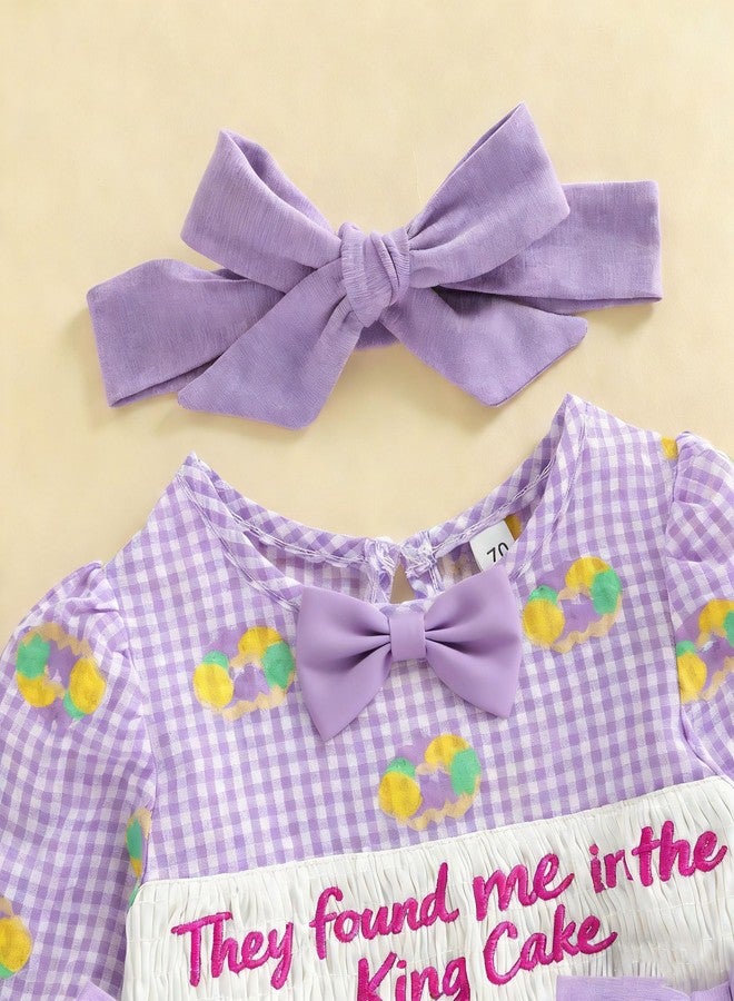 Lenjindjer Baby Girl Mardi Gras Outfit Embroidered Long Sleeve Smocked Bubble Romper Headband Newborn Spring Carnival Clothes (Purple, 6-12 Months) - Image 5