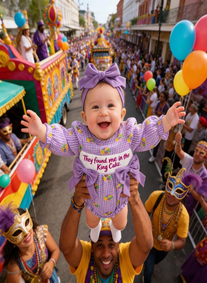 Lenjindjer Baby Girl Mardi Gras Outfit Embroidered Long Sleeve Smocked Bubble Romper Headband Newborn Spring Carnival Clothes (Purple, 6-12 Months) - Image 3