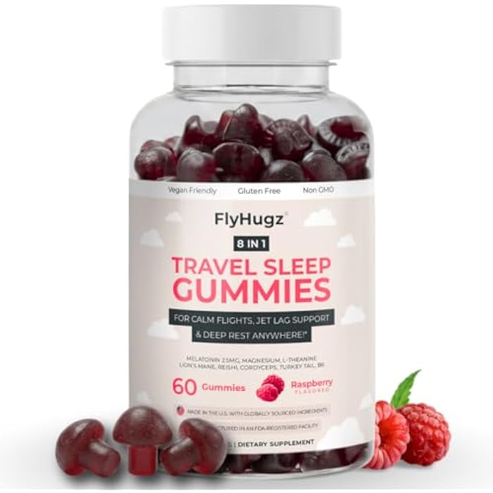 FlyHugz Travel Sleep Support Gummies for Adults with Melatonin L Theanine and Magnesium 60 Vegan Gummies 30 Day Supply Supports Relaxation Calm and Restful Sleep Raspberry Flavor - Image 1