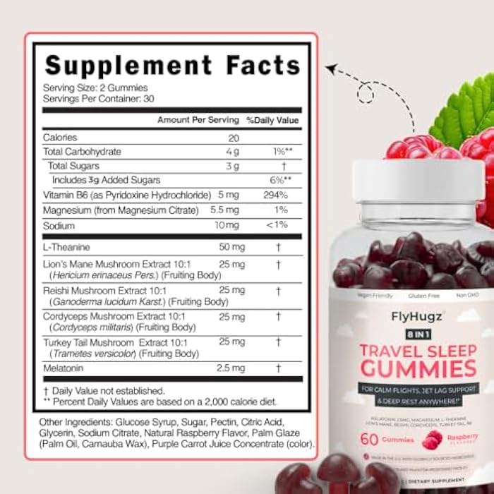 FlyHugz Travel Sleep Support Gummies for Adults with Melatonin L Theanine and Magnesium 60 Vegan Gummies 30 Day Supply Supports Relaxation Calm and Restful Sleep Raspberry Flavor - Image 2