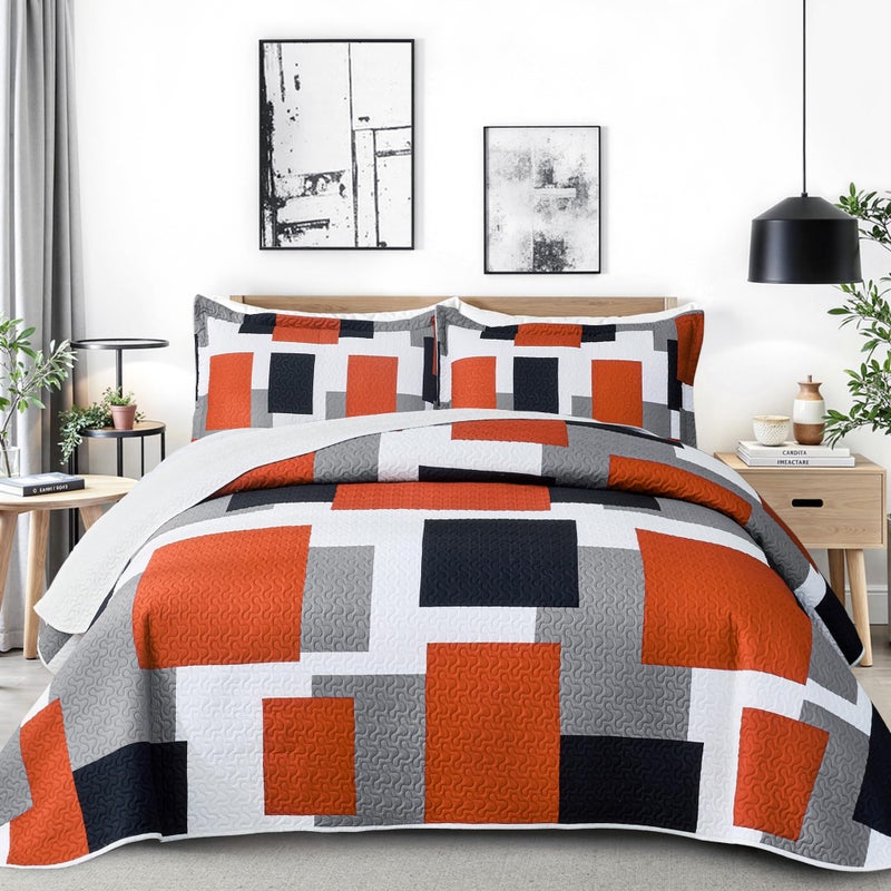 Tyrot 3 Piece Orange Grey Quilt Set Full/Queen Size Black White Gray Geometric Reversible Bedding Set Microfiber Lightweight Bedspread Coverlet with 2 Shams Modern Bed Covers for All Season, 90''x96'' - Image 1