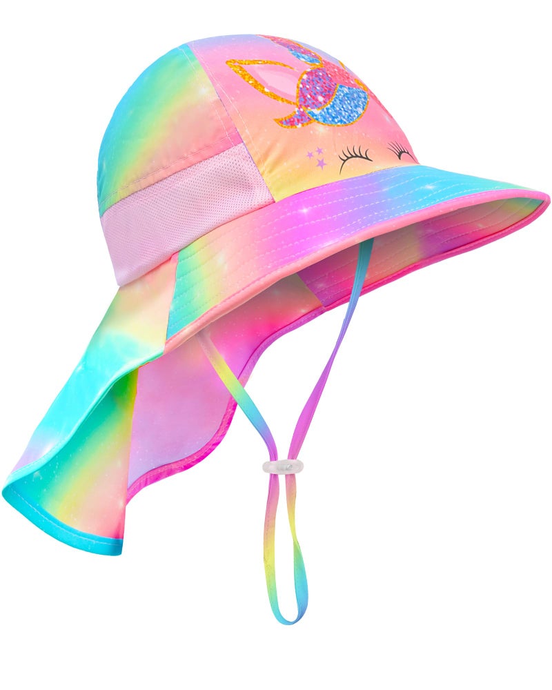 PASHOP Kids Sun Hat Anti-UV Girls Wide Brim Neck Flap UPF 50+ Sun Protection Unicorn Beach Hat with Adjustable Chin Strap 2-9 - Image 1