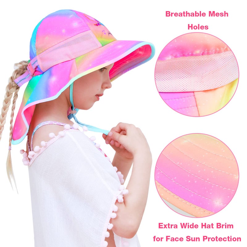 PASHOP Kids Sun Hat Anti-UV Girls Wide Brim Neck Flap UPF 50+ Sun Protection Unicorn Beach Hat with Adjustable Chin Strap 2-9 - Image 3