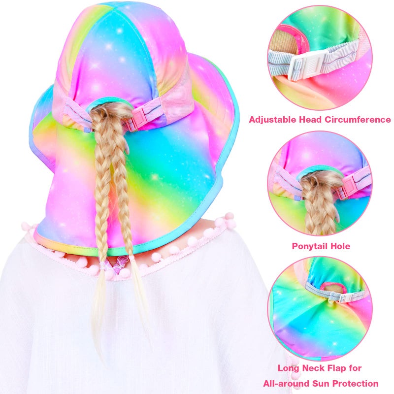 PASHOP Kids Sun Hat Anti-UV Girls Wide Brim Neck Flap UPF 50+ Sun Protection Unicorn Beach Hat with Adjustable Chin Strap 2-9 - Image 5