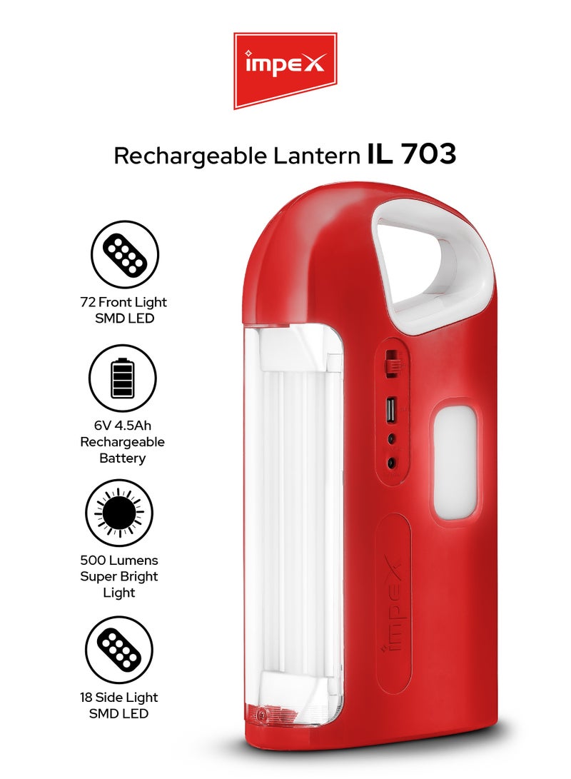 Impex Emergency Rechargeable LED Lantern | 100-Hour Runtime | 4 Light Modes | 500 Lumens | 72+18 SMD LEDs | Power Bank Function | Solar Charging | Overcharge Protection | Ideal for Home, Hiking, Camping | IL 703 - Red - Image 1