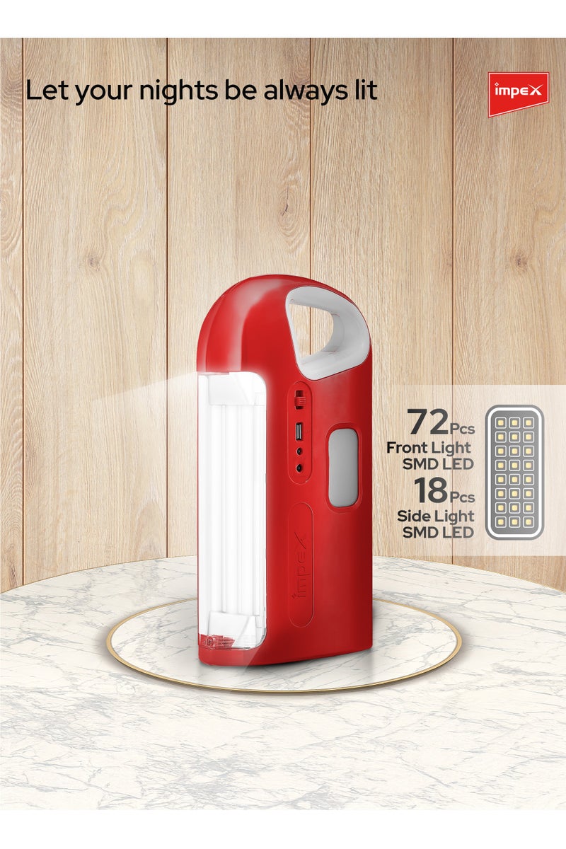 Impex Emergency Rechargeable LED Lantern | 100-Hour Runtime | 4 Light Modes | 500 Lumens | 72+18 SMD LEDs | Power Bank Function | Solar Charging | Overcharge Protection | Ideal for Home, Hiking, Camping | IL 703 - Red - Image 3