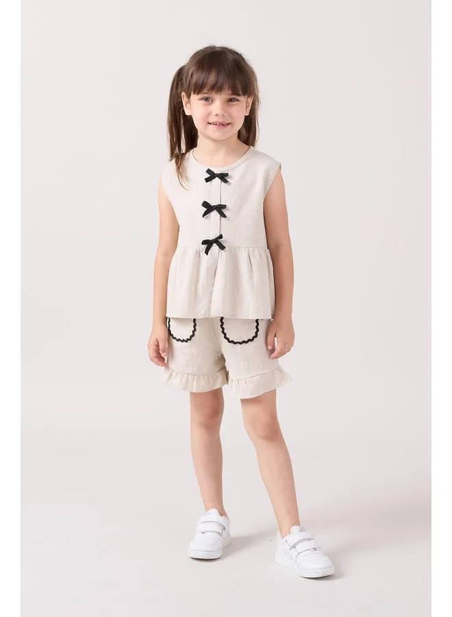 Magu Girls’ Cream Linen Ruffled Shorts and Bow-Accent Blouse Set