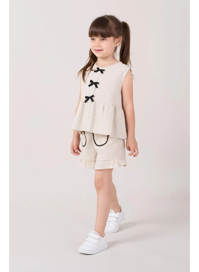 Magu Girls’ Cream Linen Ruffled Shorts and Bow-Accent Blouse Set