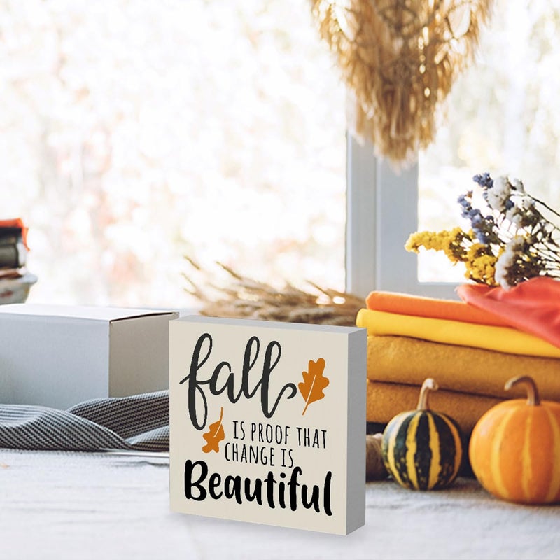 WRSUNT Rustic Autumn Fall is Proof That Change is Beautiful Wood Box Sign  Farmhouse Fall Artwork Decor  Fall Thanksgiving Wooden Square Sign Desk Block Signs Home Shelf Office Decoration 5 x 5 Inches - Image 3