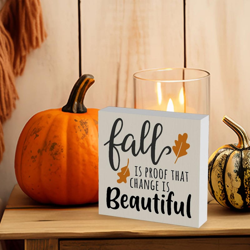 WRSUNT Rustic Autumn Fall is Proof That Change is Beautiful Wood Box Sign  Farmhouse Fall Artwork Decor  Fall Thanksgiving Wooden Square Sign Desk Block Signs Home Shelf Office Decoration 5 x 5 Inches - Image 5