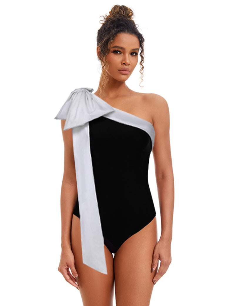 FLAXMAKER One Shoulder Black and White Big Bow Tie Color Block One Piece Vacation Beach Swimsuit and Skirt (US, Alpha, Medium, Regular, Regular, Swimsuit and Skirt) - Image 2