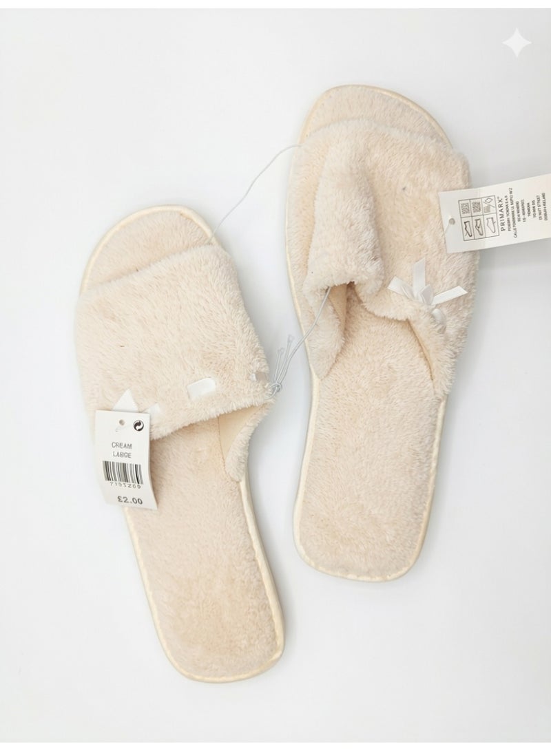Women home slide slippers with satin bow ivory off white color