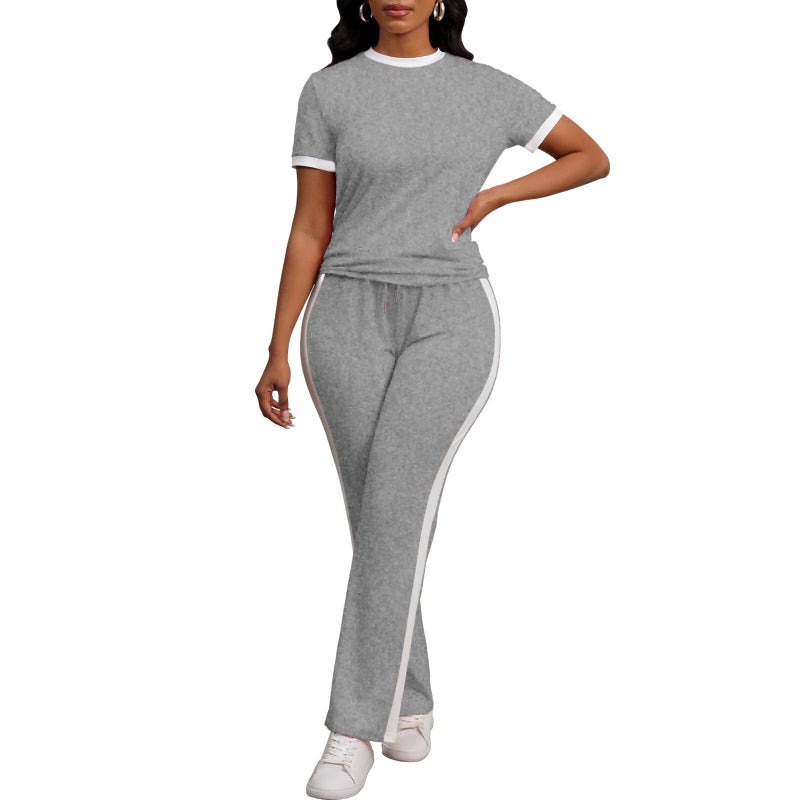 PINSV Women's 2 Piece Outfits Short Sleeve Tops Sweatpants Colorblock Lounge Sets Tracksuits Gray XL - Image 4