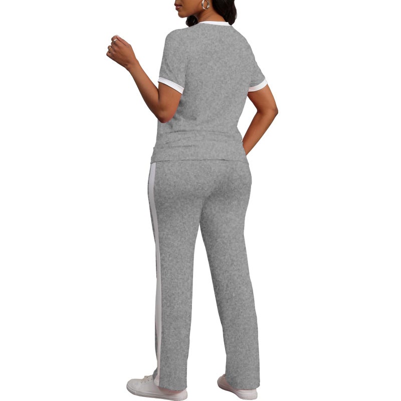 PINSV Women's 2 Piece Outfits Short Sleeve Tops Sweatpants Colorblock Lounge Sets Tracksuits Gray XL - Image 5