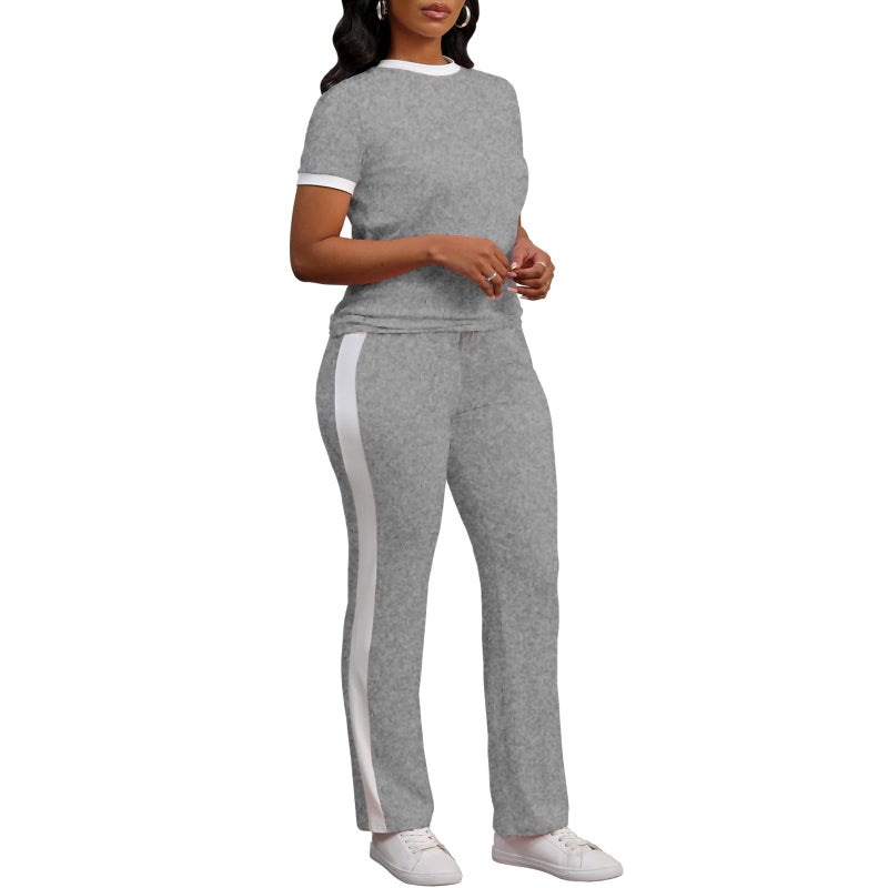 PINSV Women's 2 Piece Outfits Short Sleeve Tops Sweatpants Colorblock Lounge Sets Tracksuits Gray XL - Image 3