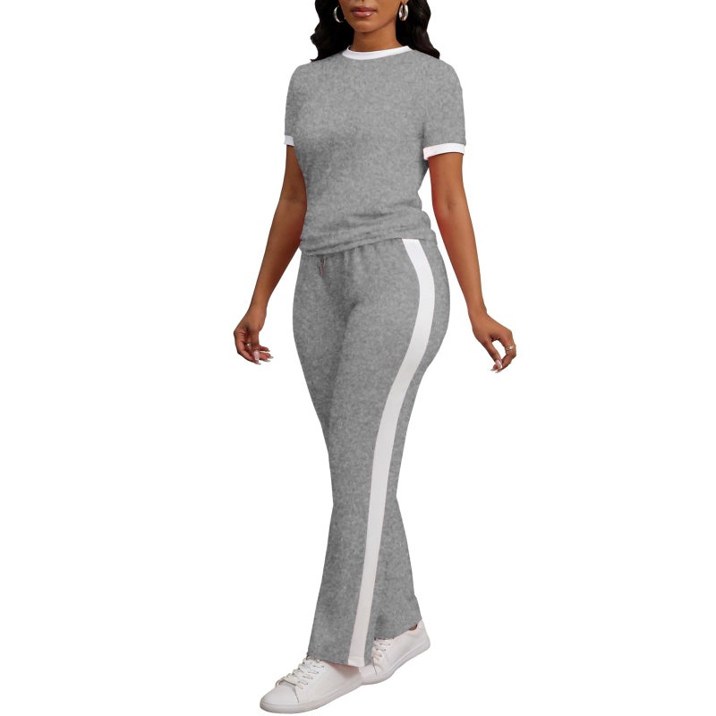 PINSV Women's 2 Piece Outfits Short Sleeve Tops Sweatpants Colorblock Lounge Sets Tracksuits Gray XL - Image 2